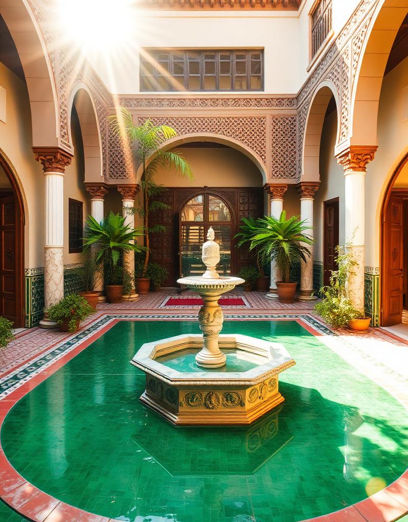 Patio de riad en Tetuán con zellige y fuente